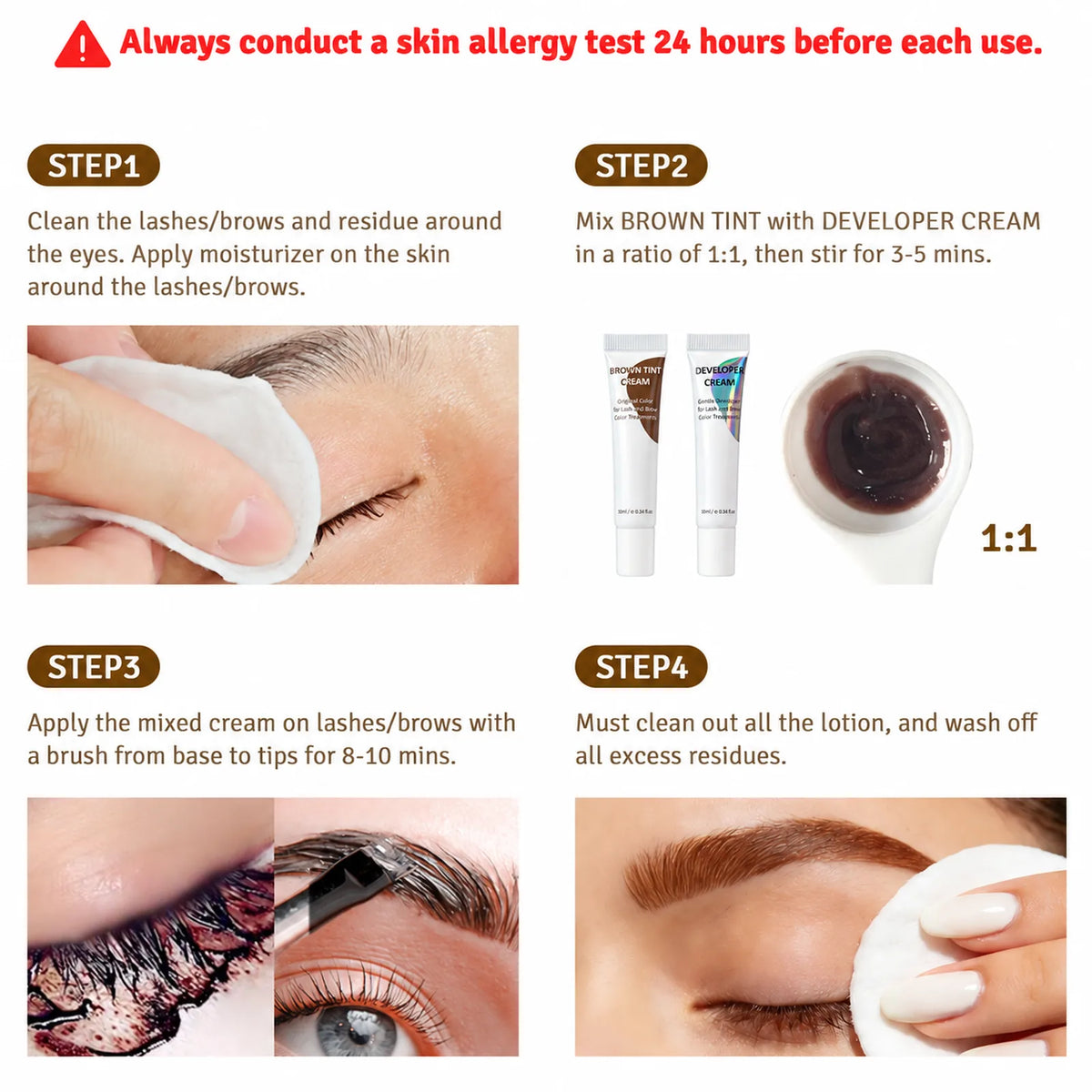 LOMANSA brown lash and brow tint 4-step application guide with a 1:1 tint and developer mixing ratio