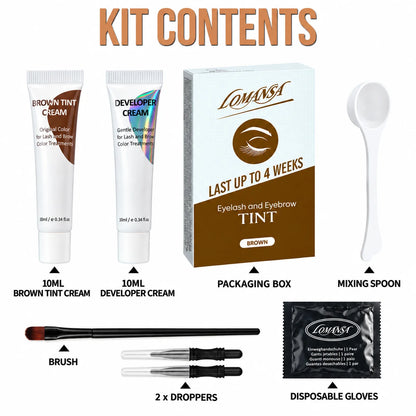 LOMANSA 10ml brown lash and brow tint kit contents with tint cream, developer, spoon, brush, applicators, and gloves