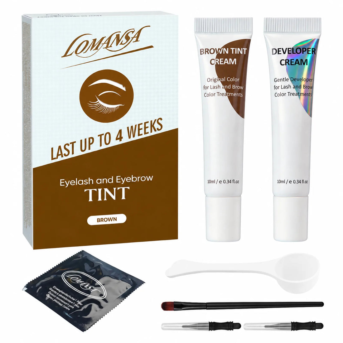 LOMANSA 10ml brown lash and brow tint kit with tint cream, developer, spoon, brush, applicators, and gloves