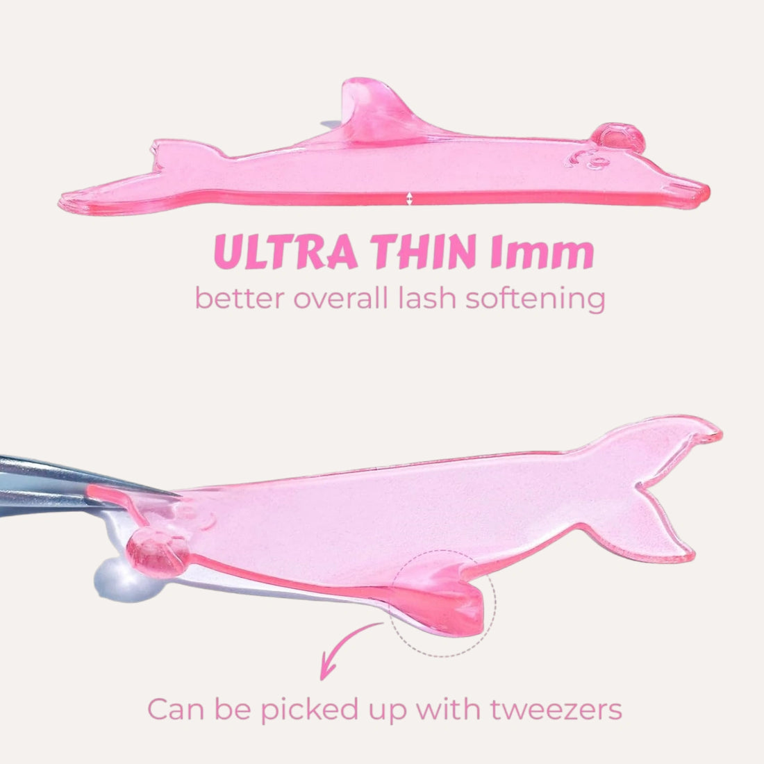 LOMANSA pink dolphin-shaped lash lift pad shown from the side, labeled 1 mm thick and held with tweezers.