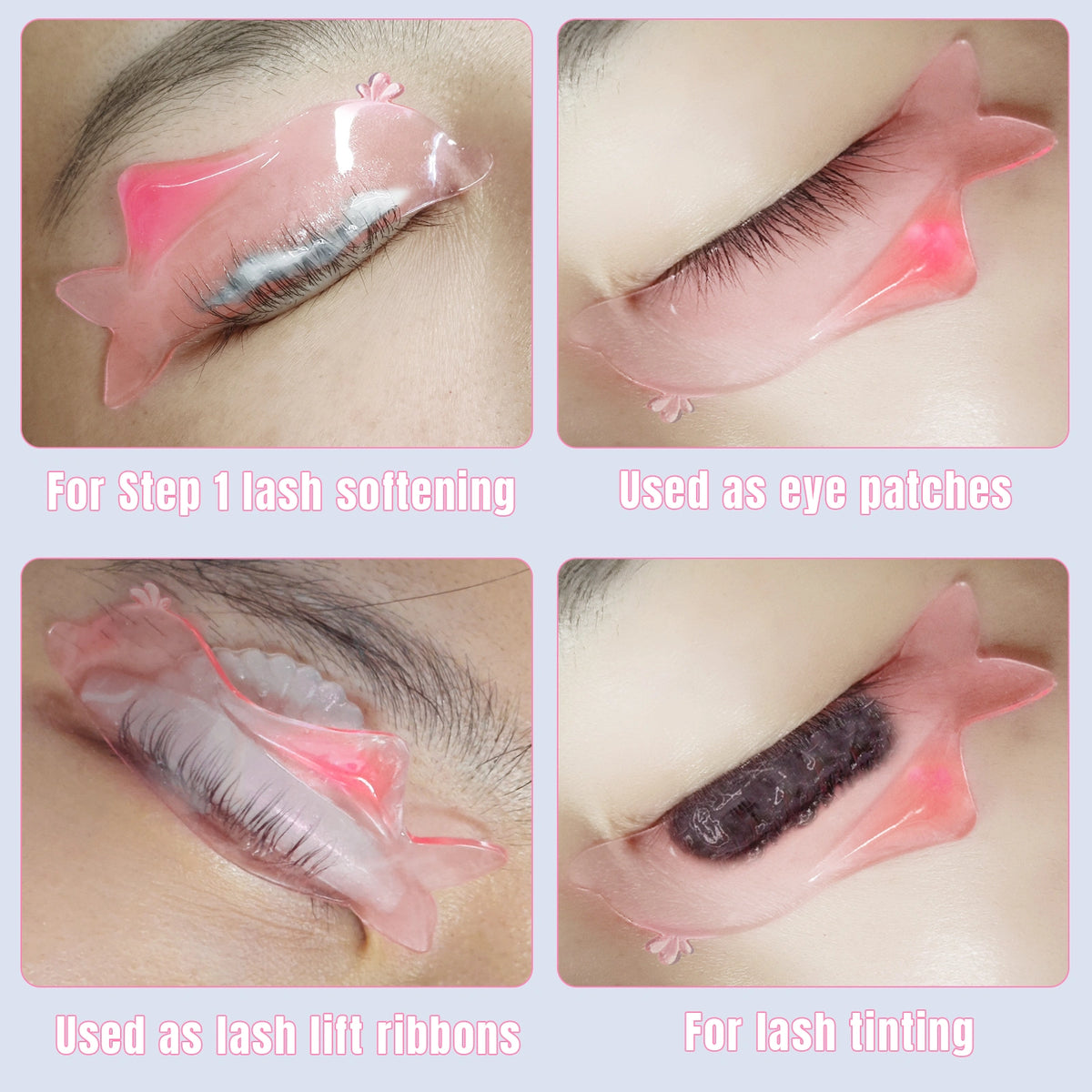 LOMANSA dolphin lash lift pads shown for lash softening, under-eye placement, lash lift ribbons and lash tinting.