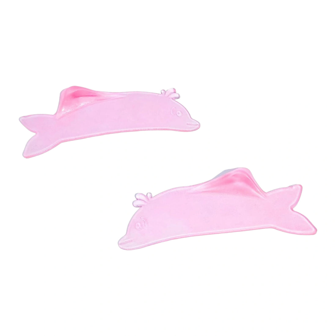 Pair of LOMANSA pink dolphin-shaped lash lift pads facing opposite directions on a white background.