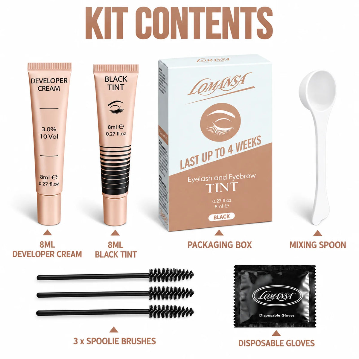 LOMANSA eyelash and eyebrow tint kit contents: black tint, developer cream, mixing spoon, spoolie brushes and gloves