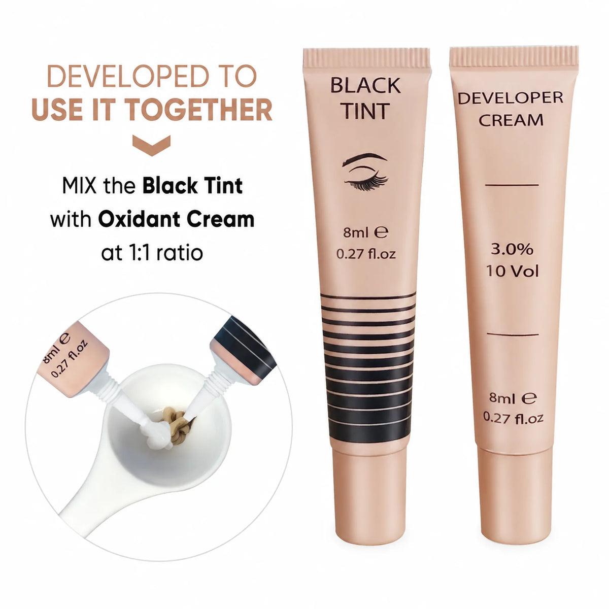 LOMANSA black eyelash and eyebrow tint mixed 1:1 with developer cream in a mixing spoon