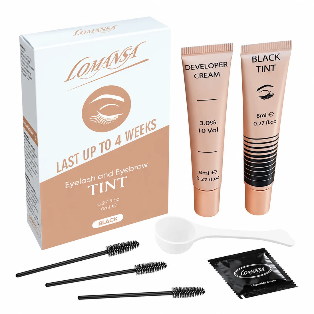 LOMANSA eyelash and eyebrow tint kit with black tint, developer cream, mixing spoon, spoolie brushes and gloves