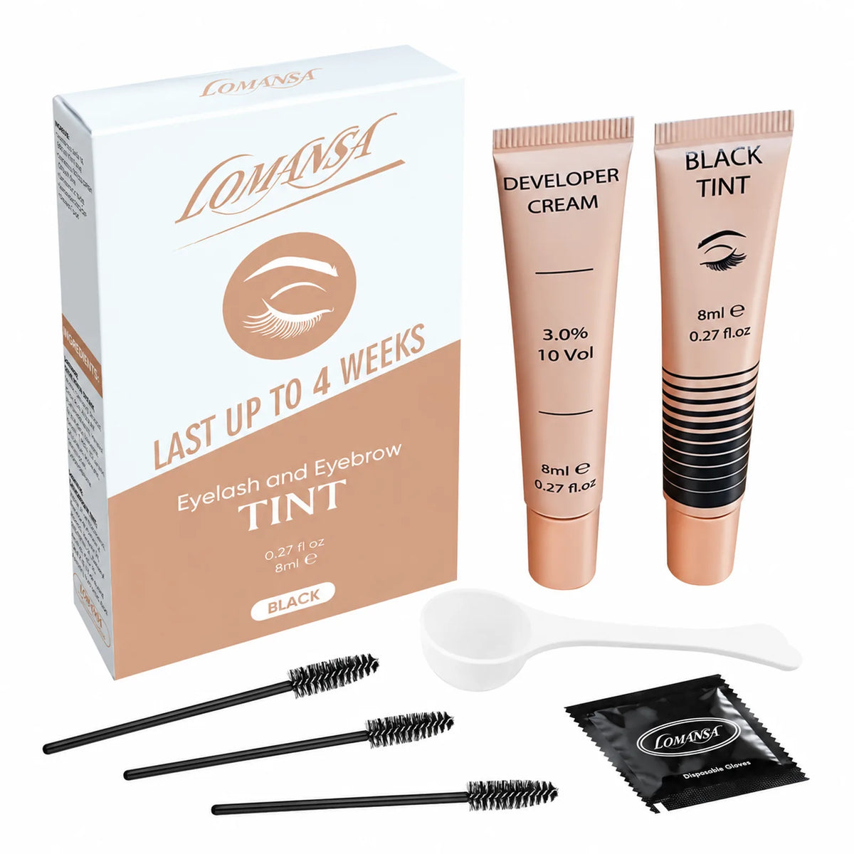 LOMANSA eyelash and eyebrow tint kit with black tint, developer cream, mixing spoon, spoolie brushes and gloves