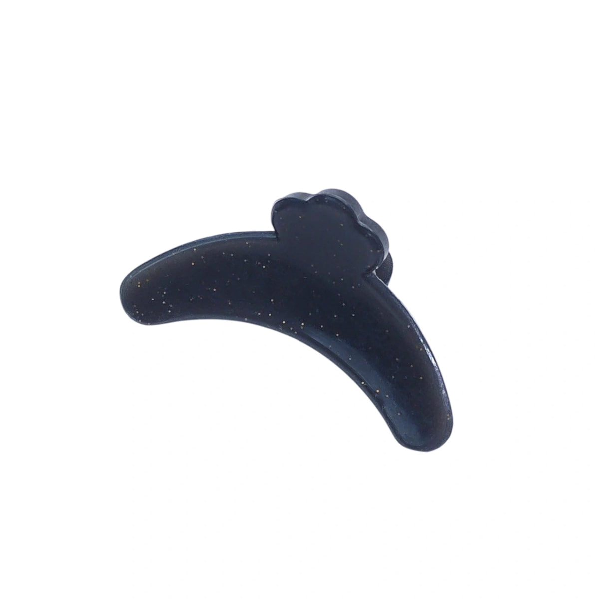 Black curved eyelash shields with glitter flecks, shown from the front and back on a white background.