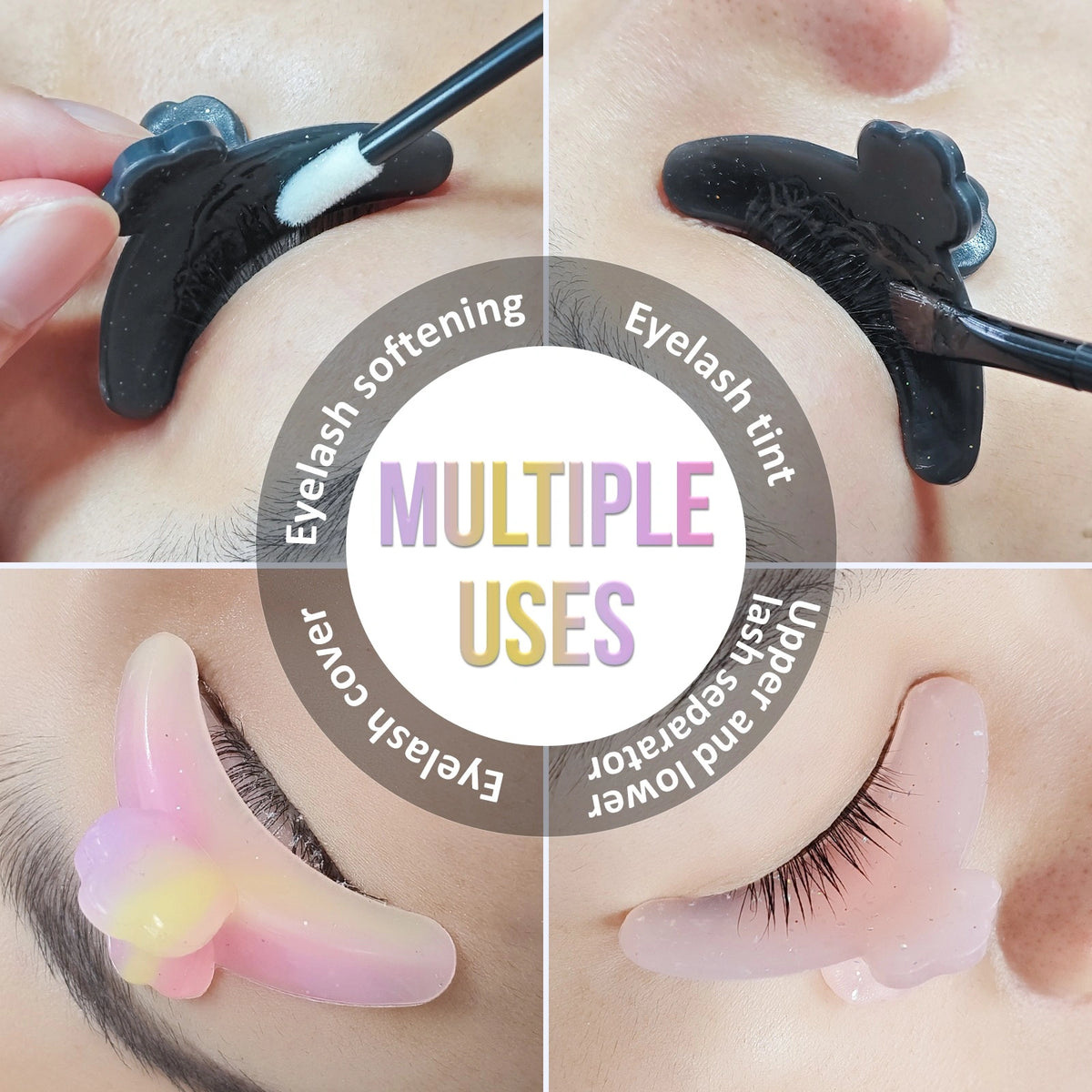 Eyelash shields demonstrating lash softening, tinting, covering, and separation of upper and lower lashes.