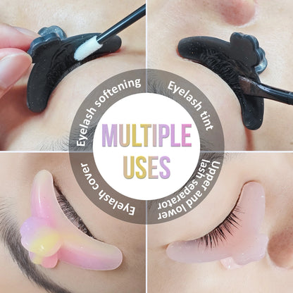 Eyelash shields demonstrating lash softening, tinting, covering, and separation of upper and lower lashes.