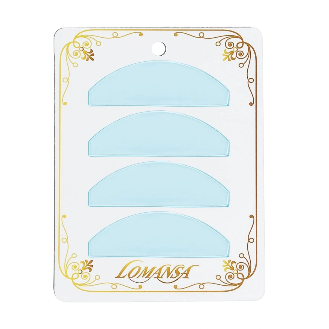 Four LOMANSA light blue flat lash lift pads on a white display card with a gold decorative border.