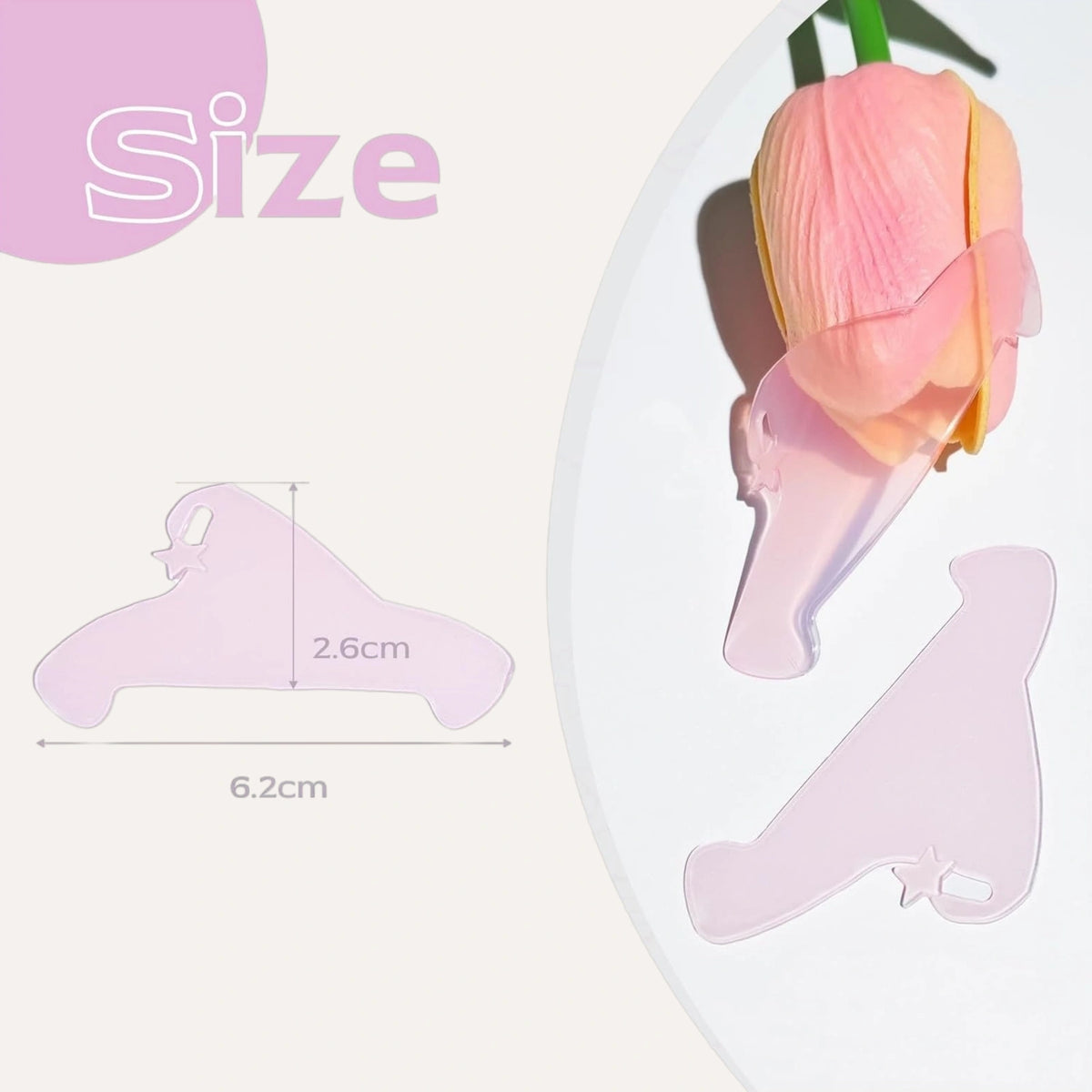 Pink flat lash lift shield size diagram labeled 6.2 x 2.6 cm, with two shields displayed beside a pink flower.