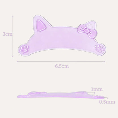Lavender cat-shaped flat lash lift shield shown as 6.5 cm wide and 3 cm high, with 0.5 mm and 1 mm thickness labels.