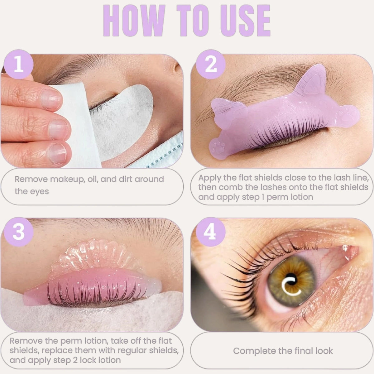 Four-step guide showing eye cleansing, lavender cat-shaped flat lash lift shields, curved shields and finished lashes.