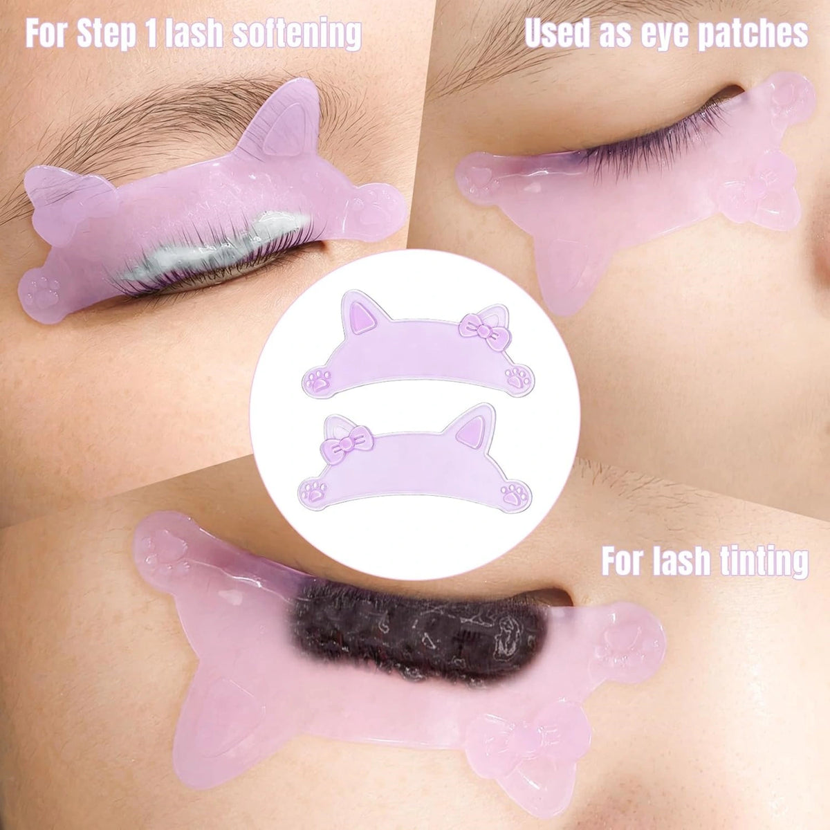 Lavender cat-shaped flat lash lift shields shown for lash softening, under-eye protection and lash tinting.