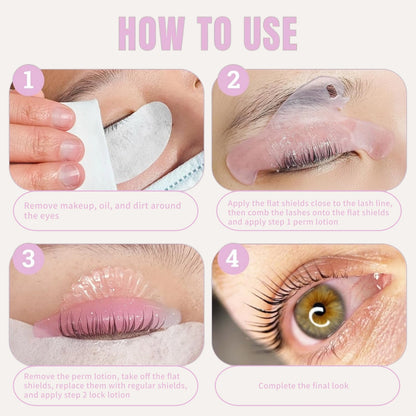 Lash lift guide showing cleansing, flat shield placement with step 1 lotion, curved shields for step 2 and finished lashes.