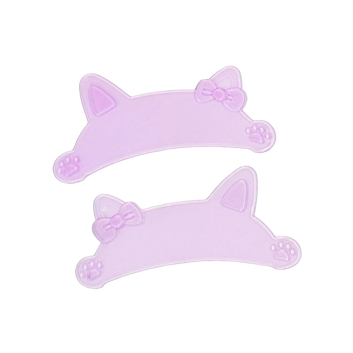 Pair of lavender cat-shaped flat lash lift shields with bows and paw details on a white background.