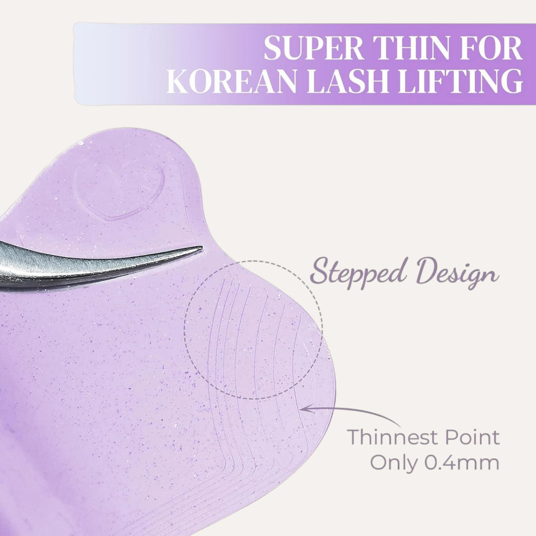 LOMANSA purple Korean lash lift pad close-up showing a stepped edge labeled 0.4 mm at its thinnest point.