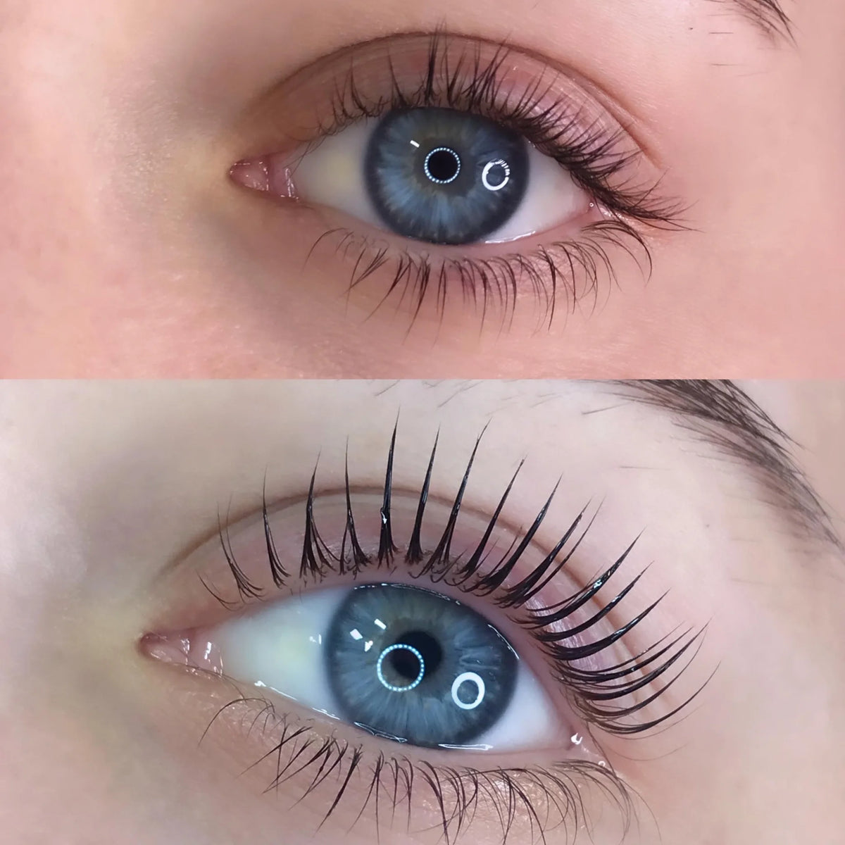 Two close-up eye photos comparing natural lashes before and after a lash lift treatment.