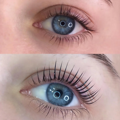 Two close-up eye photos comparing natural lashes before and after a lash lift treatment.