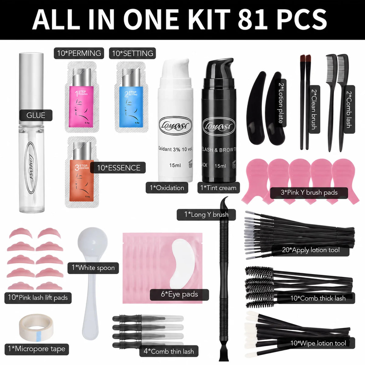LOMANSA 81-piece lash and brow lift and tint kit showing lotions, pads, brushes, applicators and accessories