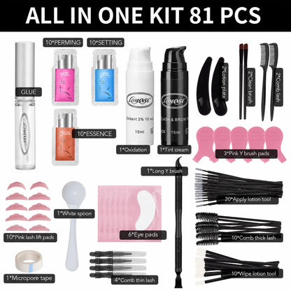 LOMANSA 81-piece lash and brow lift and tint kit showing lotions, pads, brushes, applicators and accessories