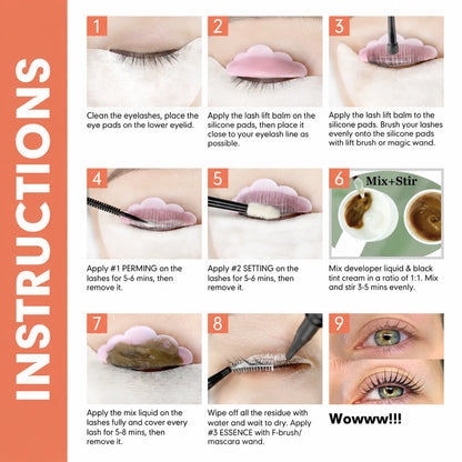 Nine-panel application guide for the LOMANSA lash lift and tint kit showing preparation, lifting, setting, tinting and finishing