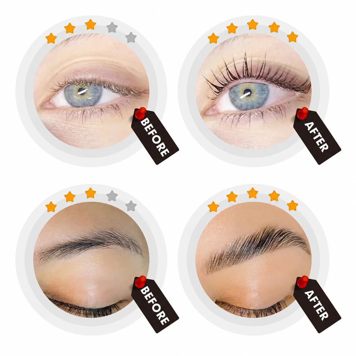 LOMANSA lash and brow lift and tint before and after showing curled lashes and fuller laminated brows