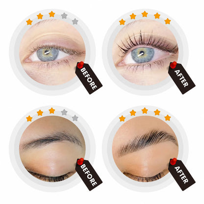 LOMANSA lash and brow lift and tint before and after showing curled lashes and fuller laminated brows