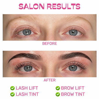 Before-and-after salon results showing lifted and tinted lashes and brows with the LOMANSA lash and brow kit
