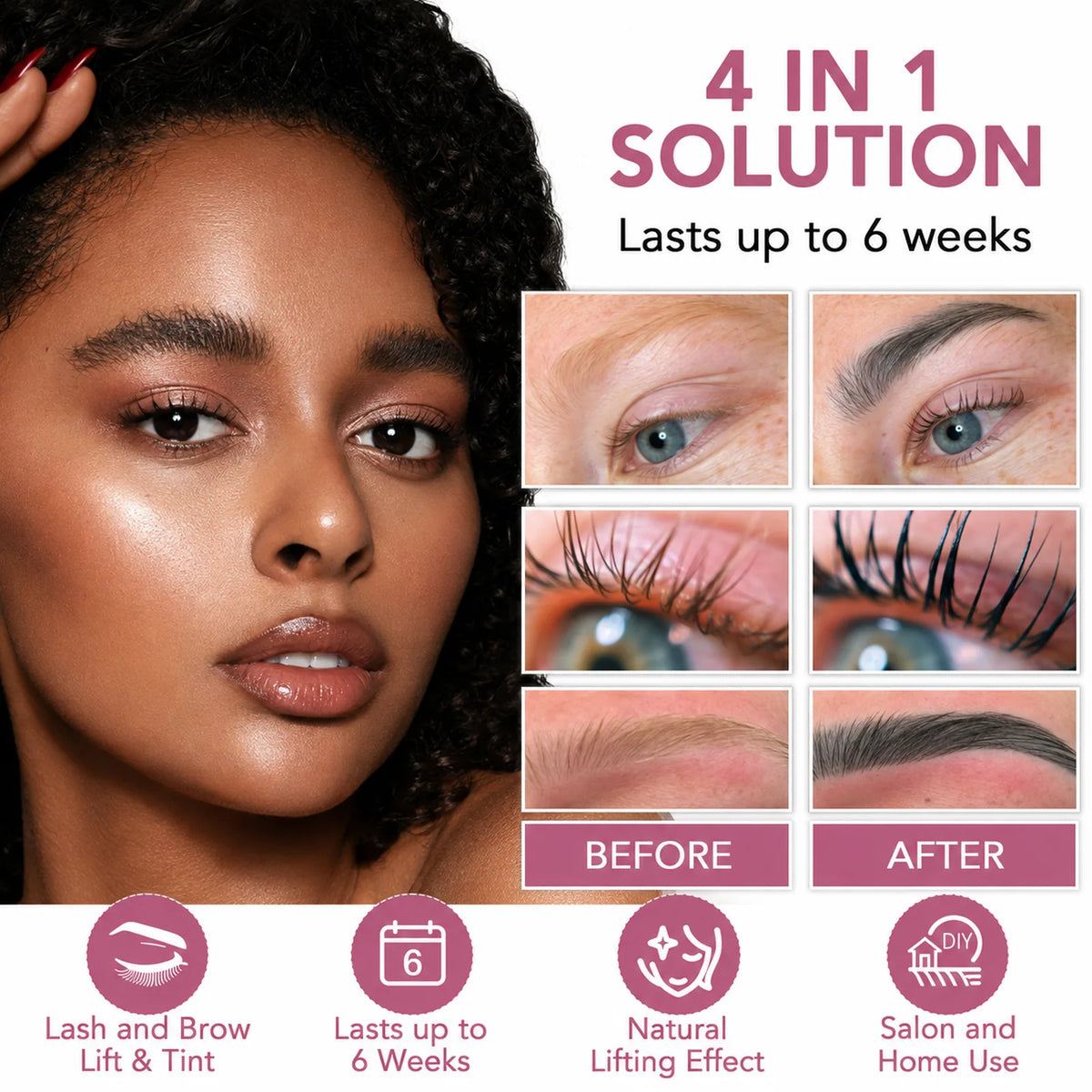 Before-and-after examples of lifted lashes and tinted brows beside a model with the LOMANSA 4-in-1 kit