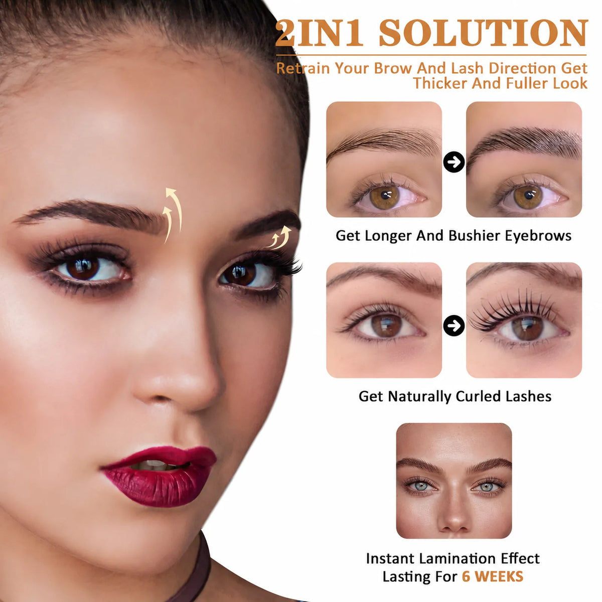  LOMANSA lash and brow lift and tint kit shown with before-and-after examples of fuller brows and curled lashes