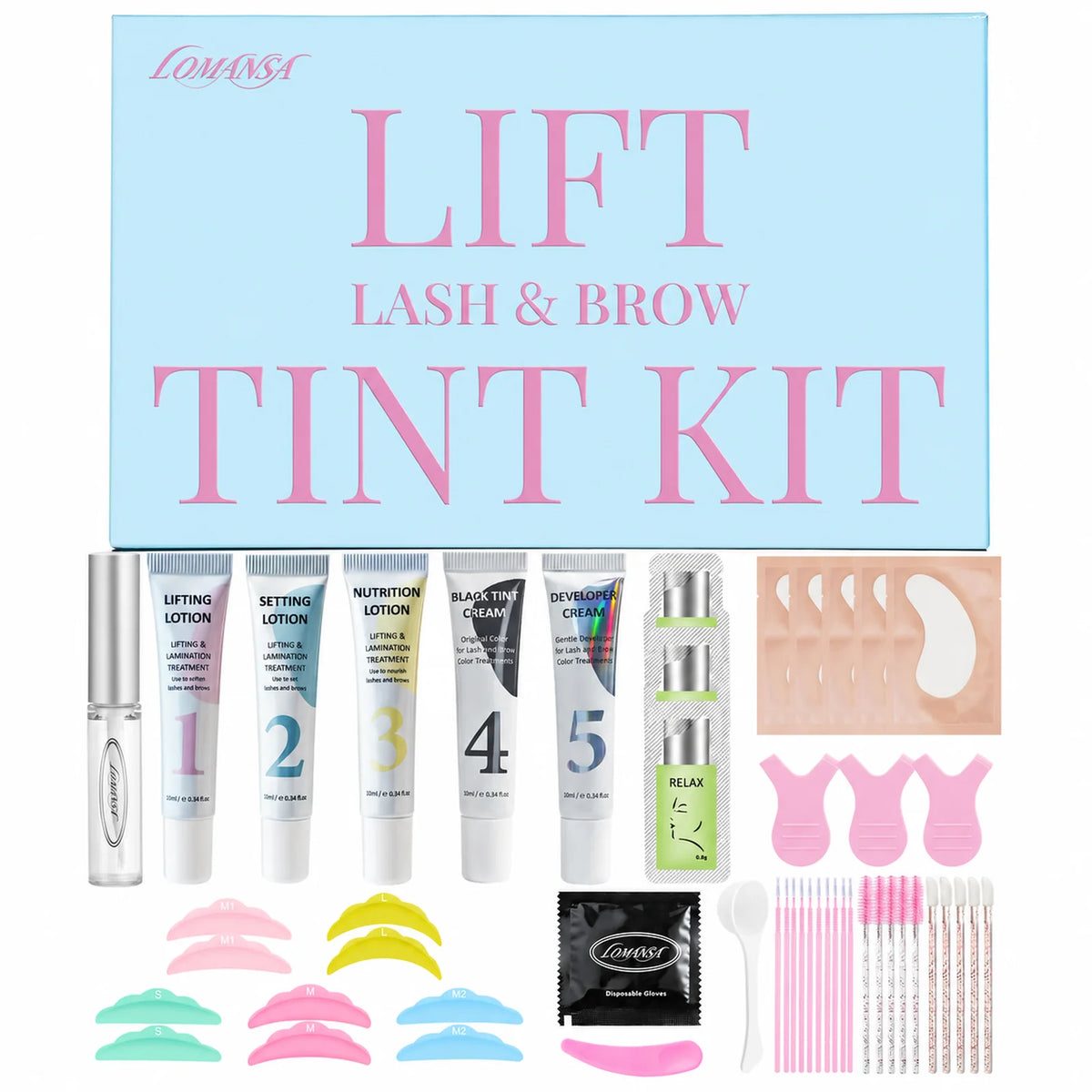 LOMANSA lash and brow lift and tint kit with five lotions, lifting glue, silicone pads, brushes and accessories