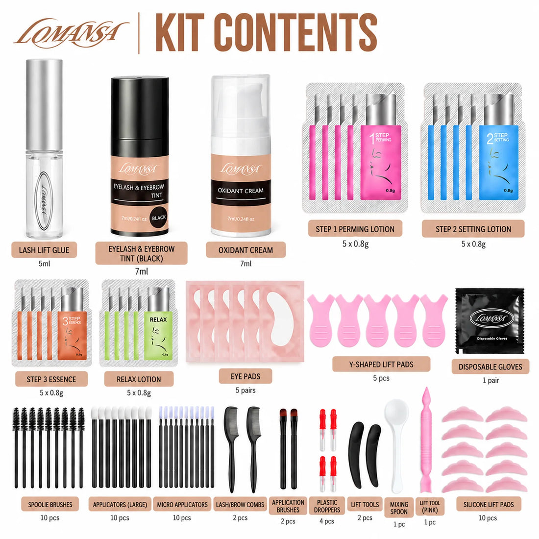 LOMANSA 4-in-1 lash and brow lift and tint kit contents with labeled lotions, black tint, glue, pads and application tools