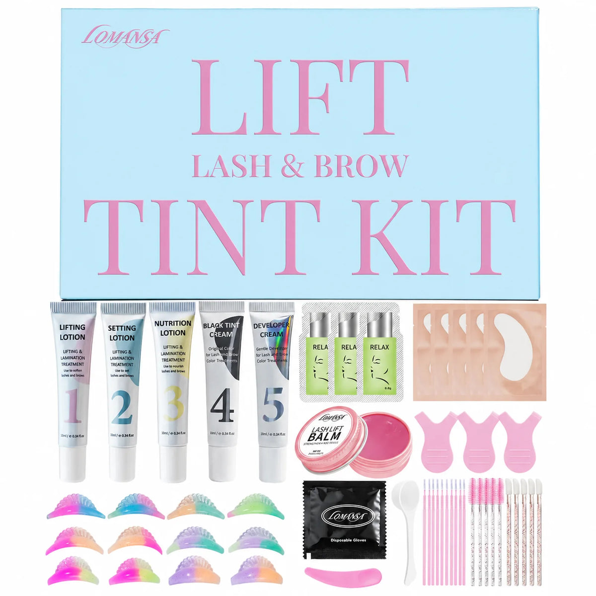 LOMANSA lash and brow lift and tint kit with lotions, silicone pads, eye pads, brushes and application tools