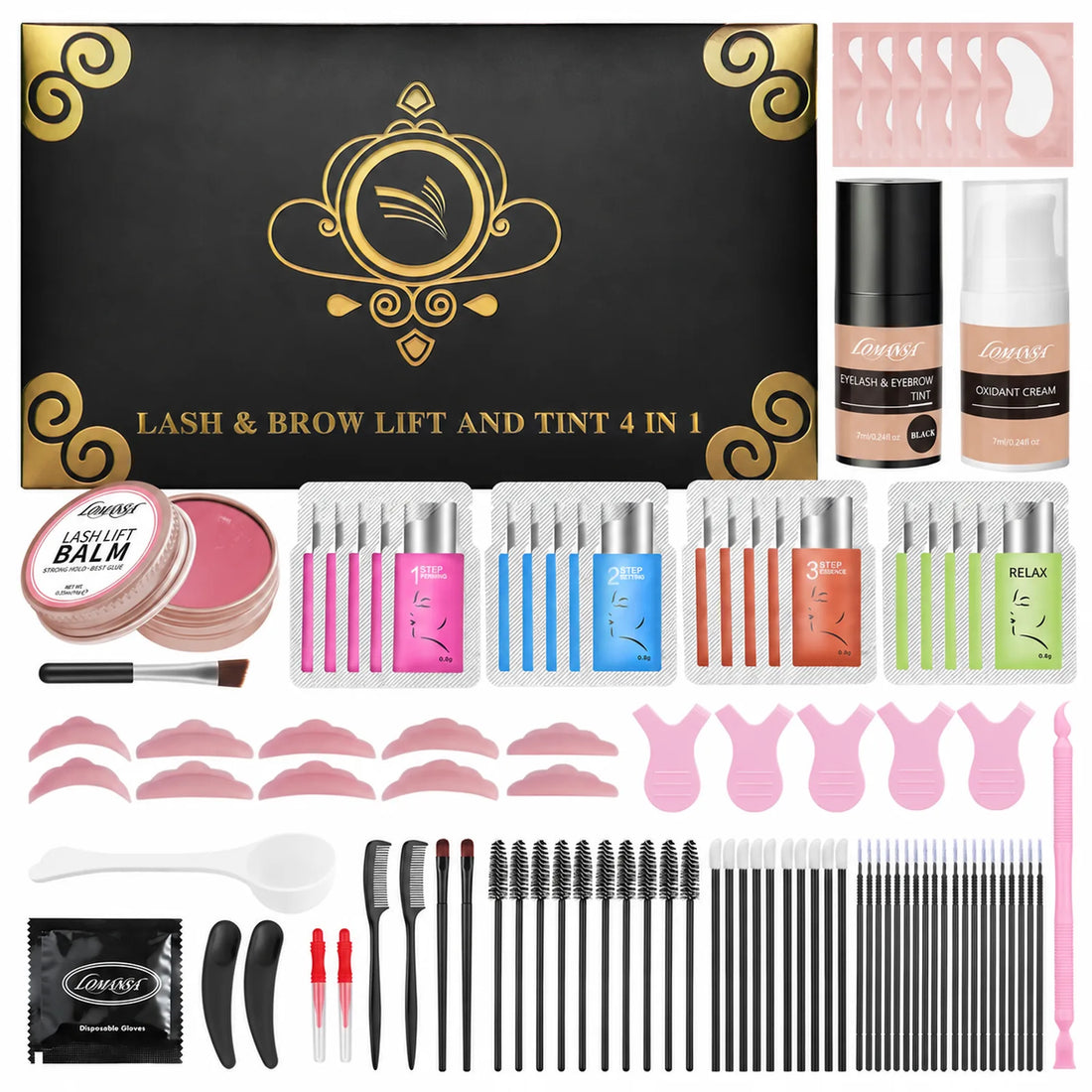 LOMANSA lash and brow lift and tint kit with perming, setting, essence and relax sachets, tint, developer and tools