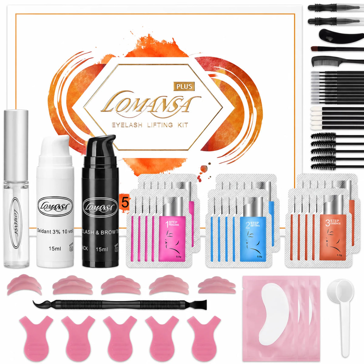 LOMANSA lash and brow lift and tint kit complete set with box, lotions, silicone pads, brushes and application tools