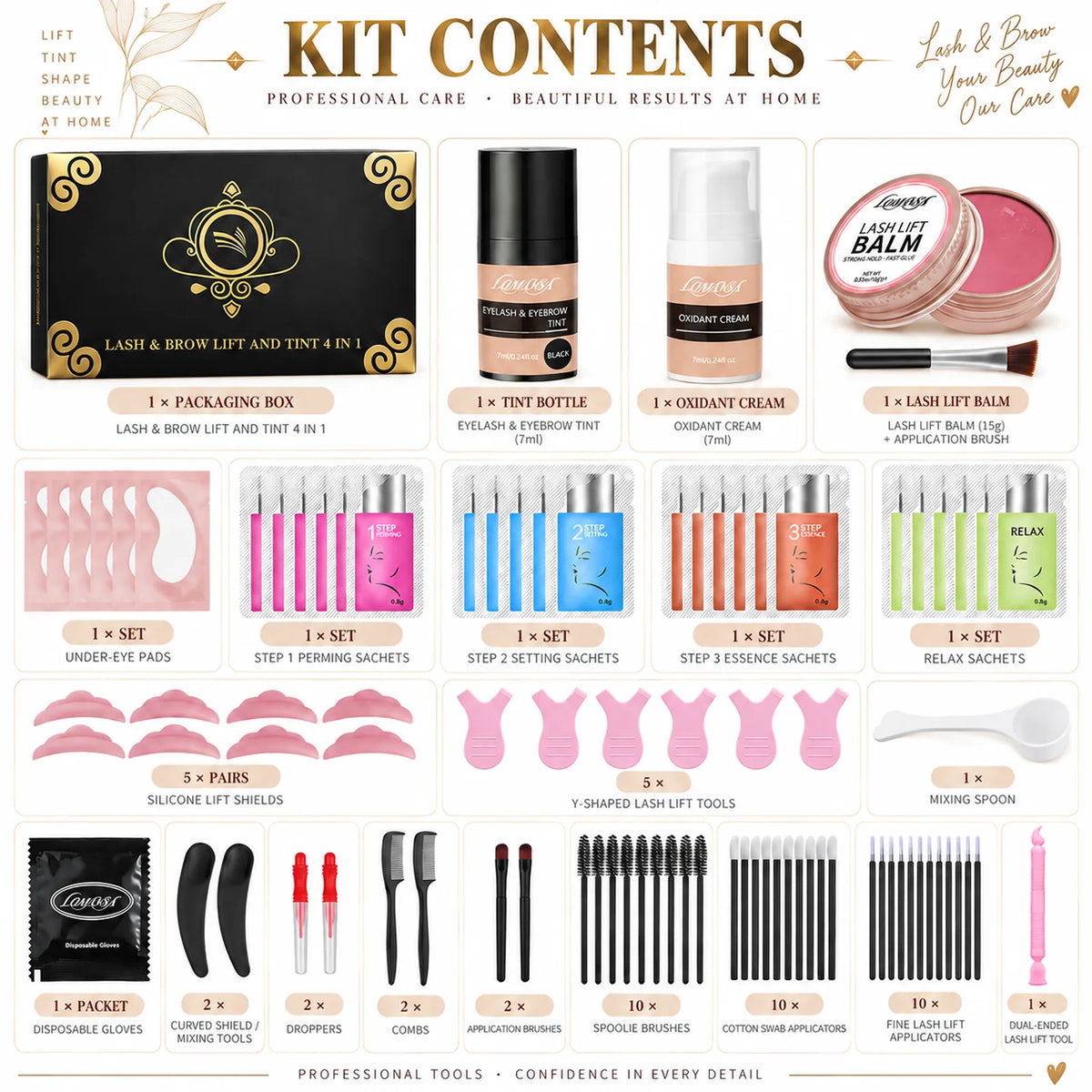 LOMANSA lash and brow lift and tint kit contents with sachets, tint, developer, balm, eye pads and applicator tools