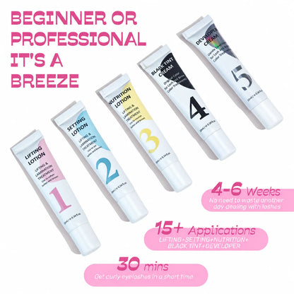 LOMANSA lash and brow lift and tint lotions highlighting 4–6 week results, 15+ applications and 30-minute use