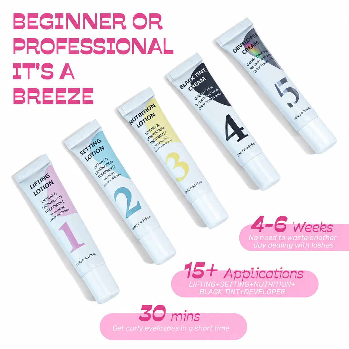 LOMANSA lash and brow lift and tint lotions highlighting 4–6 week results, 15+ applications and a 30-minute process