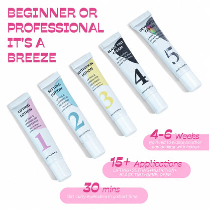 LOMANSA lash and brow lift and tint lotions highlighting 4–6 week results, 15+ applications and a 30-minute process