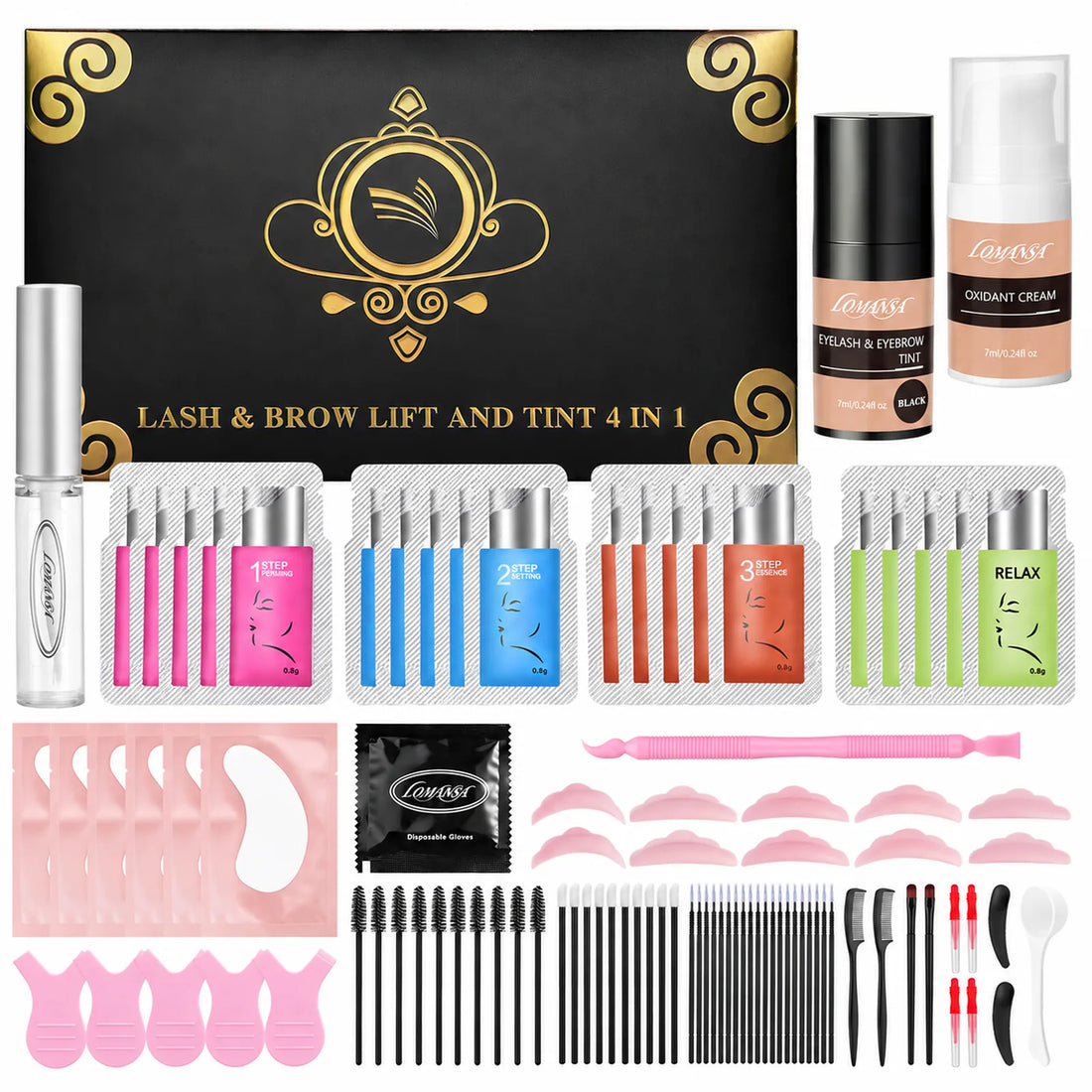 LOMANSA 4-in-1 lash and brow lift and tint kit box with lotions, pads, brushes, combs and application tools