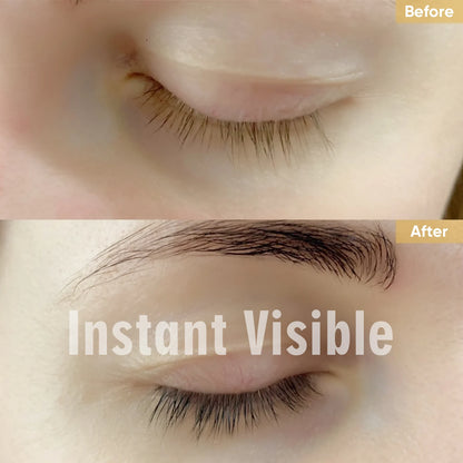 Before-and-after example showing more defined lashes and brows after using LOMANSA black tint.