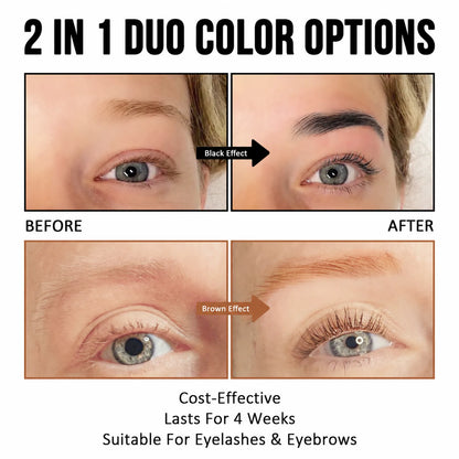 Before-and-after black and brown color results using the LOMANSA lash and brow tint kit