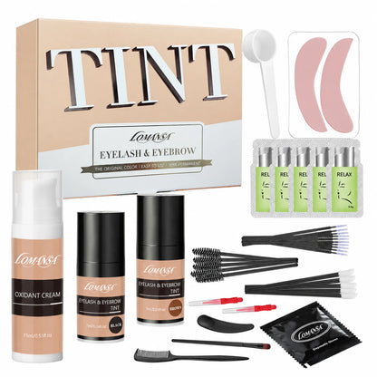 LOMANSA lash and brow tint kit with tint bottles, oxidant cream, pads, brushes and application accessories
