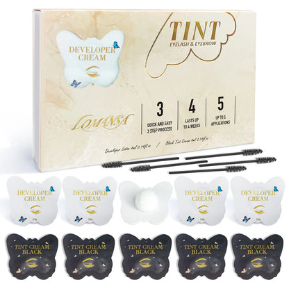 LOMANSA black lash and brow tint kit with developer cream, black tint cream, and application brushes.