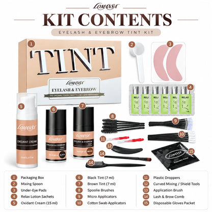LOMANSA lash and brow tint kit contents labeled with tint, oxidant cream, pads, brushes and application tools