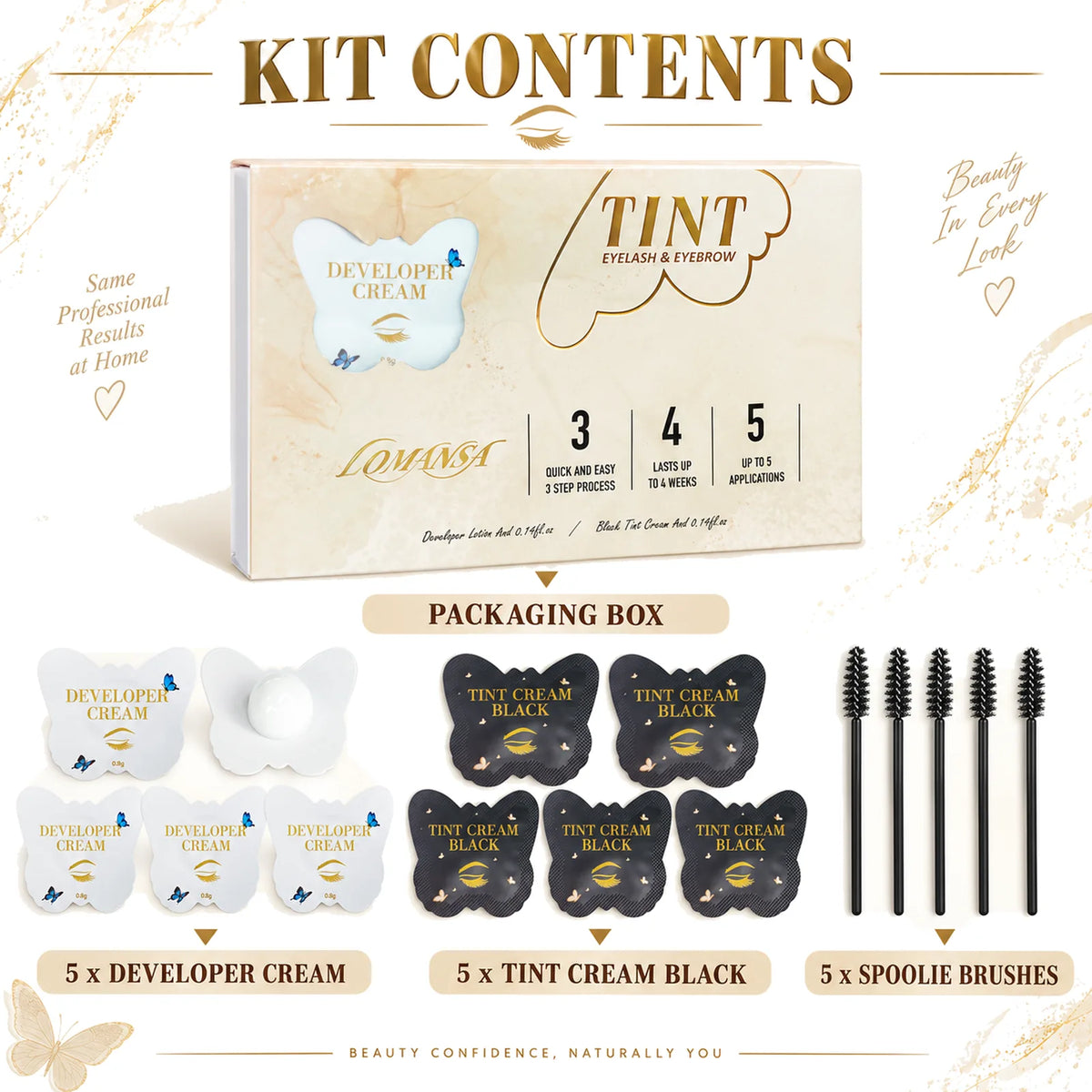 LOMANSA lash and brow tint kit contents including five developer cream packets, five black tint packets, and five spoolie brushes.