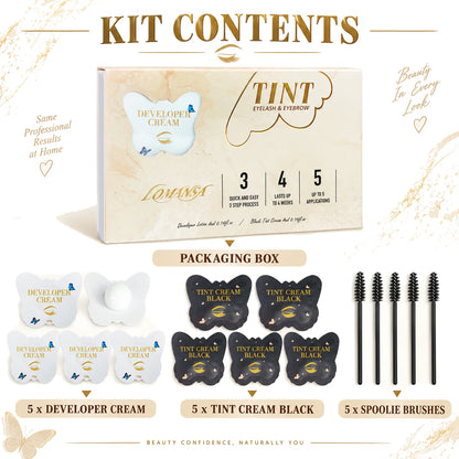 LOMANSA lash and brow tint kit contents including five developer cream packets, five black tint packets, and five spoolie brushes.