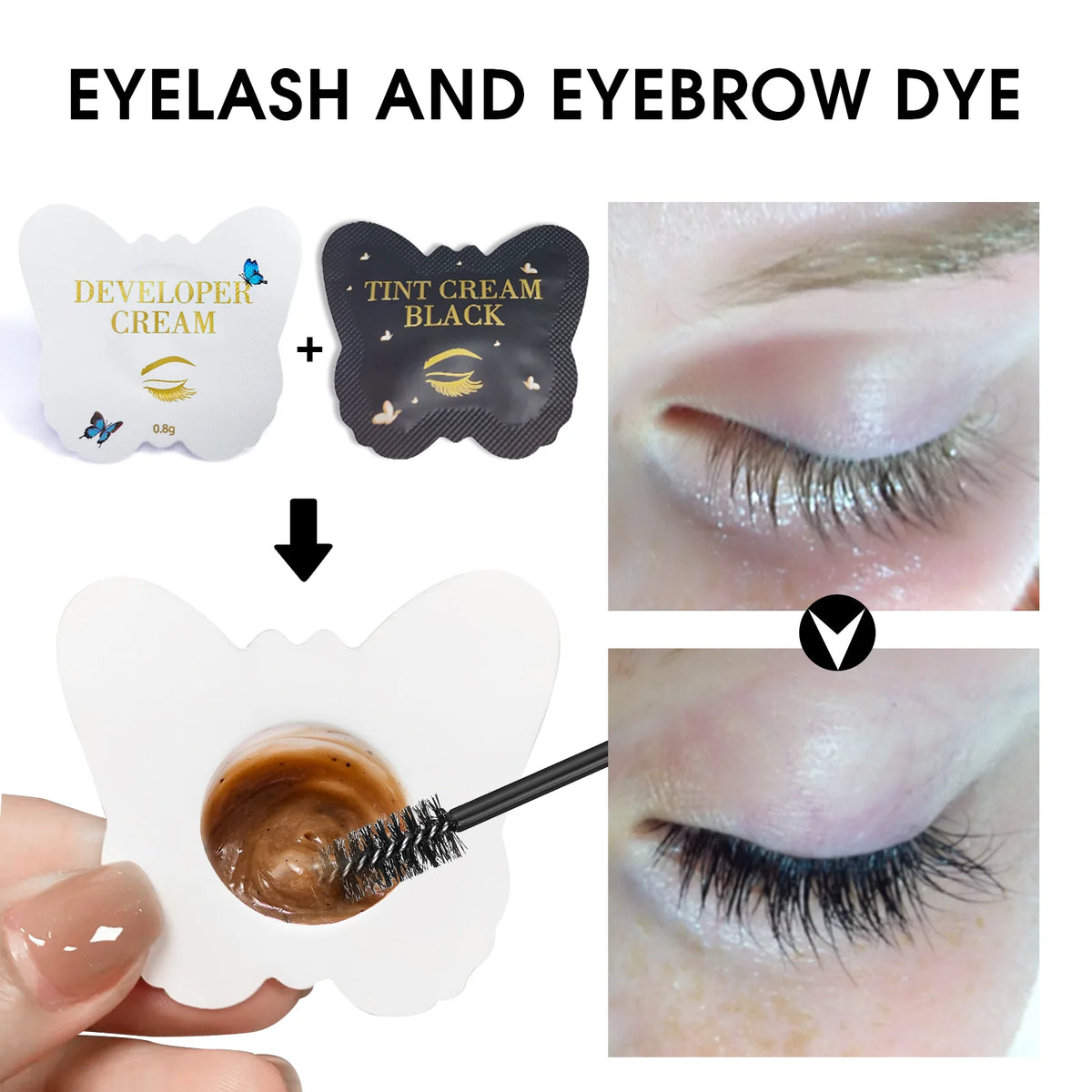 LOMANSA developer cream and black tint cream being mixed with a spoolie brush for lash and brow application.