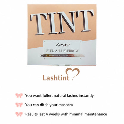 LOMANSA eyelash and eyebrow tint kit box with product packaging and tint benefit highlights